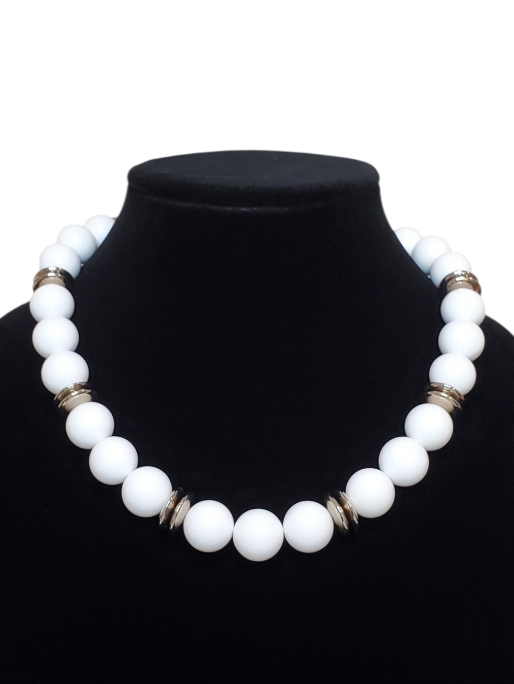 Vintage Unsigned Silver-Tone Chunky White Beaded Plastic Bubble Necklace - 18"